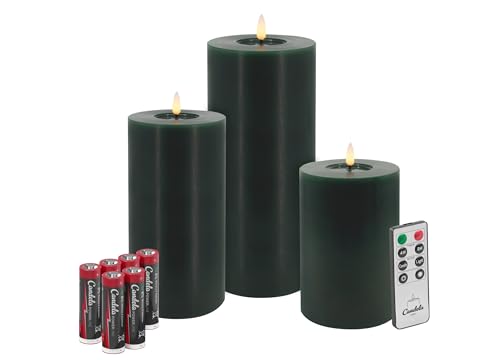 Candela Lights LED Kerzen 3er Set Winter Grün Flammenlos Echtwachs inklusive Fernbedienung & Batterien Dimmbar Flammenfunktion von LC Home