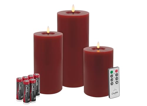 Candela Lights LED Kerzen 3er Set Winter Rot Flammenlos Echtwachs inklusive Fernbedienung & Batterien Dimmbar Flammenfunktion von LC Home