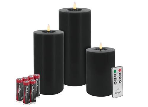 Candela Lights LED Kerzen 3er Set Winter Schwarz Flammenlos Echtwachs inklusive Fernbedienung & Batterien Dimmbar Flammenfunktion von LC Home