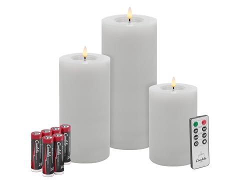 Candela Lights LED Kerzen 3er Set Winter Weiß Flammenlos Echtwachs inklusive Fernbedienung & Batterien Dimmbar Flammenfunktion von LC Home