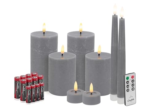 Candela Lights LED Kerzen 8er Set Grau Flammenlos Echtwachs inklusive Fernbedienung & Batterien Dimmbar Flammenfunktion von LC Home