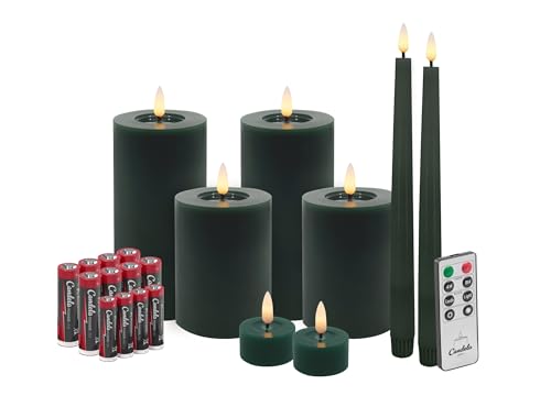 Candela Lights LED Kerzen 8er Set Winter Grün Flammenlos Echtwachs inklusive Fernbedienung & Batterien Dimmbar Flammenfunktion von LC Home