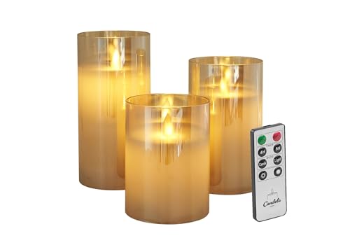 Candela Lights LED Kerzen Set Echtwachs inkl. Glas mit Fernbedienung Timer Funktion & mehrstufig dimmbar bewegliche Flamme Echtwachskerzen (Gold) von LC Home