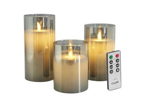 Candela Lights LED Kerzen Set Echtwachs inkl. Glas mit Fernbedienung Timer Funktion & mehrstufig dimmbar bewegliche Flamme Echtwachskerzen (Grau) von LC Home