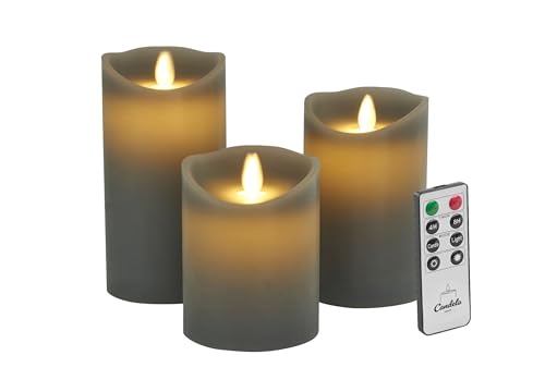 Candela Lights LED Kerzen Set Grau Stumpenkerze Echtwachs mit Fernbedienung Timer Funktion & mehrstufig dimmbar bewegliche Flamme Echtwachskerzen (Grau, 3er Set) von LC Home