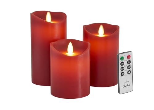 Candela Lights LED Kerzen Set Rot Stumpenkerze Echtwachs mit Fernbedienung Timer Funktion & mehrstufig dimmbar bewegliche Flamme Echtwachskerzen (Rot, 3er Set) von LC Home