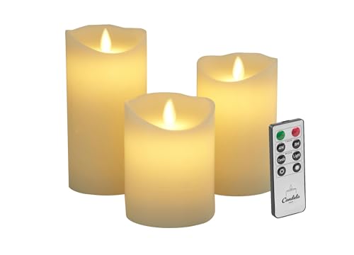 Candela Lights LED Kerzen Set Stumpenkerze Echtwachs mit Fernbedienung Timer Funktion & mehrstufig dimmbar bewegliche Flamme Echtwachskerzen (Elfenbein, 3er Set) von LC Home