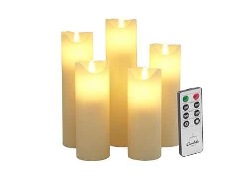 Candela Lights LED Kerzen Set Stumpenkerze Echtwachs mit Fernbedienung Timer Funktion & mehrstufig dimmbar bewegliche Flamme Echtwachskerzen (Elfenbein, 5er Set) von LC Home