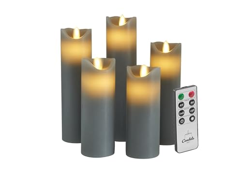 Candela Lights LED Kerzen Set Stumpenkerze Echtwachs mit Fernbedienung Timer Funktion & mehrstufig dimmbar bewegliche Flamme Echtwachskerzen (Grau, 5er Set) von LC Home