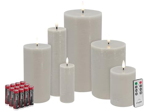 Candela Lights LED Stumpenkerzen Set Flammenlos Echtwachs inklusive Fernbedienung & Batterien Dimmbar Flammenfunktion (Farbe & Set) (Sand, 6er Set) von LC Home