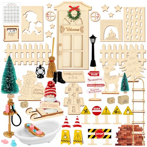 LCAIKN Wichteltür Set, 58 Stück Wichteltür Zubehör Weihnachten, Weihnachtswichtel Set Komplettset, Holz Wichtelset mit Wichtel Tür, Badezimmer, Treppe, Briefkasten, Zaun, Lei von LCAIKN