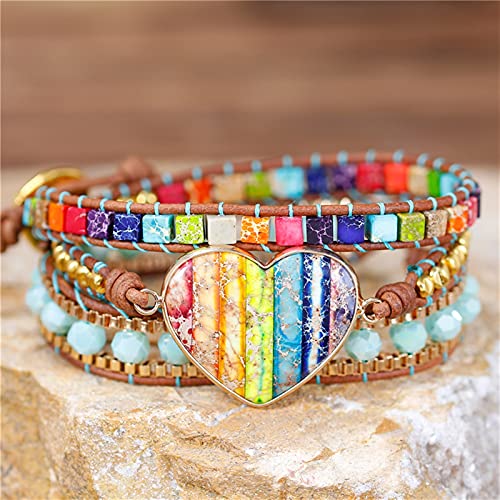 LCCDSD Boho-Armbänder Boho 7 Chakra Herz Charme Edelstein 3 Stränge Lederperlen Wrap Armband Für Frauen Yoga Statement Stapel Schmuck Tik Tok Perlen von LCCDSD