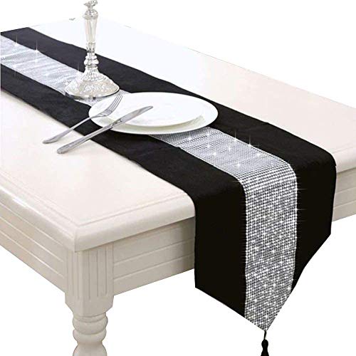 LCHULLE Tischläufer/Tischdecke mit Schmucksteinen 220*33cm Glitzer Tischläufer Tischband Tischdecken für Party Hochzeit Bankett Tischdekoration Schwarz von LCHULLE