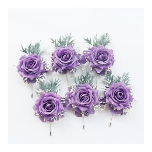 1/6-teiliges Set mit violetten Rosen, Ansteckblume und Ansteckblume für Braut, Brautjungfer, Herren, Bräutigam, rote Rose, Hochzeitsblumen-Zubehör (6 x Boutonniere) von LCKJLJ