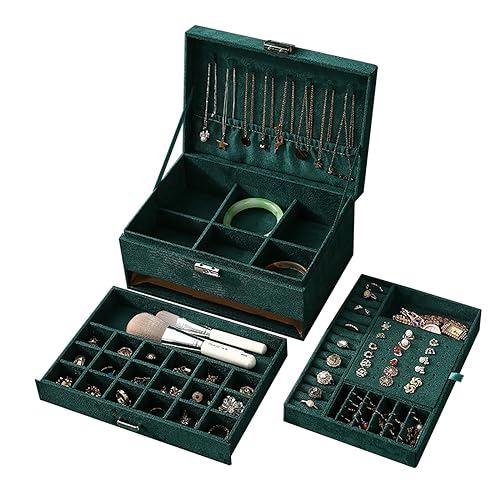 LCOZX 3-lagige Schmuckschatulle mit Schloss, Schmuck-Organizer-Box zur Aufbewahrung von Ringen/Armbändern/Ohrringen/Halsketten, Ringbox für Damen und Mädchen (Dunkelgrün, 24,2 x 17 x 11,5 cm) von LCOZX