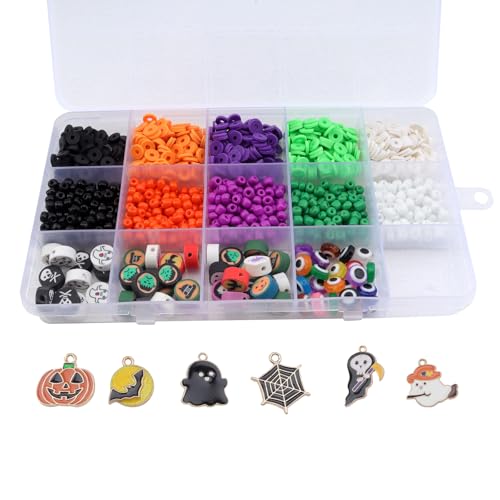 LCSLIN 2086 Stück Halloween Clay Lose Perlen DIY Handgemachte Perlen Flache Tonperlen Set für Schmuck Ohrringe Geeignet für Kinder und Erwachsene von LCSLIN