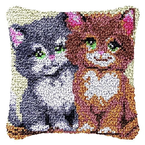 DIY Knüpfhaken-Set Knüpfkissen Zum Selber Knüpfen, Knüpfen Kissen Set Latch Hook Kissen Kit Knüpfteppich Knüpfpackung, Sofakissenbezug Handgemachte Geschenke, 43 × 43 cm, Katze von LDFHOIN