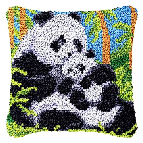 DIY Knüpfhaken-Set Knüpfkissen Zum Selber Knüpfen, Knüpfen Kissen Set Latch Hook Kissen Kit Knüpfteppich Knüpfpackung, Sofakissenbezug Handgemachte Geschenke, 43 × 43 cm, Panda von LDFHOIN