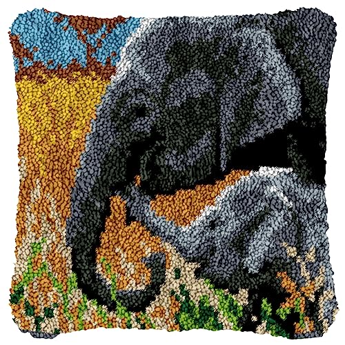 DIY Knüpfkissen Zum Selber Knüpfen Set, Knüpfhaken-Set Kissenbezug Knüpfteppiche Set Kissen Knüpfen Latch Hook Kit Handgemachte Geschenke Für Kinder Und Erwachsene Elefant,43x43cm von LDFHOIN