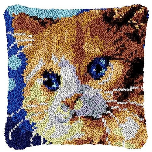 DIY Knüpfkissen Zum Selber Knüpfen Set, Knüpfhaken-Set Kissenbezug Knüpfteppiche Set Kissen Knüpfen Latch Hook Kit Handgemachte Geschenke Für Kinder Und Erwachsene Katze,43x43cm von LDFHOIN