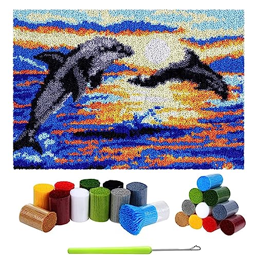 Knüpfteppich Zum Selber knüpfen mit Kissen, Teppich Set mit Werkzeug Knüpfsets Latch Hook Kit für Erwachsene, Knüpfen Teppich Knüpfpackung für Home Decor (Delfin, 69x102cm) von LDFHOIN