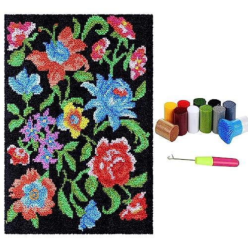 Knüpfteppich Zum Selber knüpfen mit Kissen, Teppich Set mit Werkzeug Knüpfsets Latch Hook Kit für Erwachsene, Knüpfen Teppich Knüpfpackung für Home Decor Geschenke (Blume, 75x55cm) von LDFHOIN