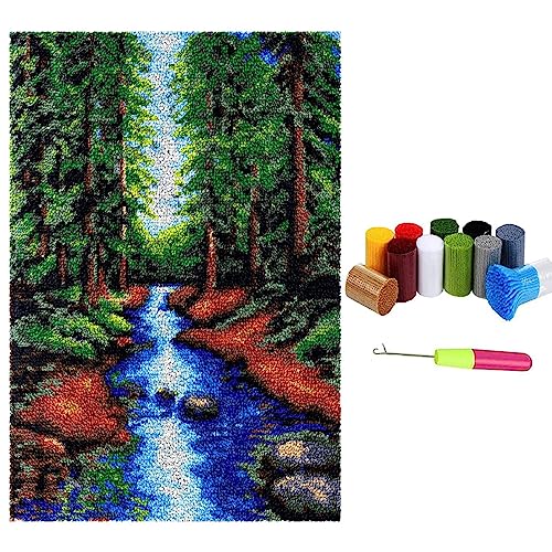 Knüpfteppich Zum Selber knüpfen mit Kissen, Teppich Set mit Werkzeug Knüpfsets Latch Hook Kit für Erwachsene, Knüpfen Teppich Knüpfpackung für Home Decor Geschenke (Wald, 80x115cm) von LDFHOIN