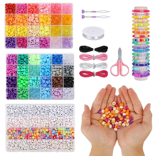 1 Set Pony Perlen für Armbänder, 48 Farben Pony Perlen Masse mit 24 Gitterbuchstaben, Scheren und mehr, DIY -Armband -Making -Kit zum Herstellen von Armbändern, Halsketten, Fußkänen, Ponyperlen für A von LDJFCCA