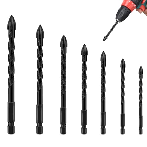 Betonbohrer Bit Set 7pcs 4-Edge 1/8 bis 1/2 Spiralmauerwerk Bit Set hohe Härte Stahlkarbidbohrer Bohrer Multifunktions-Sechskant Shank-Fliese für Glasfliesen Plastikzement Zement Holzkohlenhäute von LDJFCCA