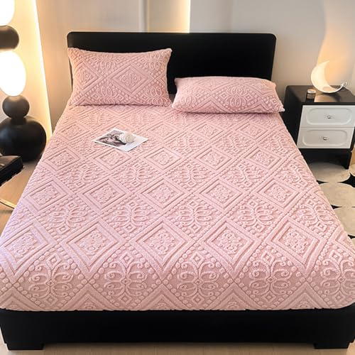 LDLCYCN Luxus-Matratzenschoner Queen Warm Verdicktes Spannbettlaken Matratzenbezug Aus Taftstoff Mit Gummiband 12'' Deep Pocket Full Wrap Staubdichter Matratzenauflagenbezug,Rosa,150 * 200cm(Queen) von LDLCYCN