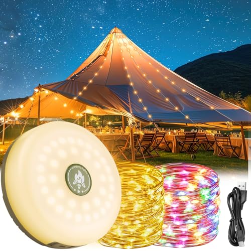 Camping Lichterkette Aufrollbar, Wasserdichte Outdoor Lichterkette, Tragbare Camping Lamp mit 8 Modi, USB Wiederaufladbare Campinglampe mit 10M LED Lichterkette für Camping, Garten,Hof und Wandern von LDUMODUW