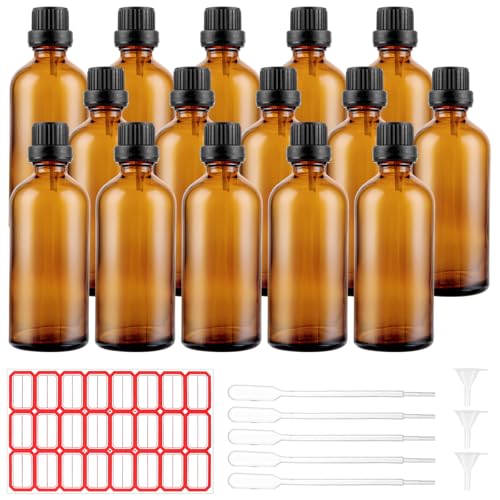 LDXDRU 15 Stück Braunglasflasche 100ml Glas Pipettenflasche mit Hilfszubehör, Tropfflasche mit Pipette Braunglasflasche für Flüssigkeit, Ätherische Öl, Parfümöle, Aromatherapie, Flüssigfarbstoffen von LDXDRU