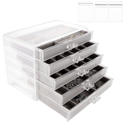 LDXDRU Acryl Schmuck Organizers mit 40 Packsack Schmuckkästchen für Damen, Grau Schmuckschatulle mit 5 Schubladen, Samt Schmuckaufbewahrung Schublade für Ohrringe, Ringe, Halsketten, Armbänder von LDXDRU