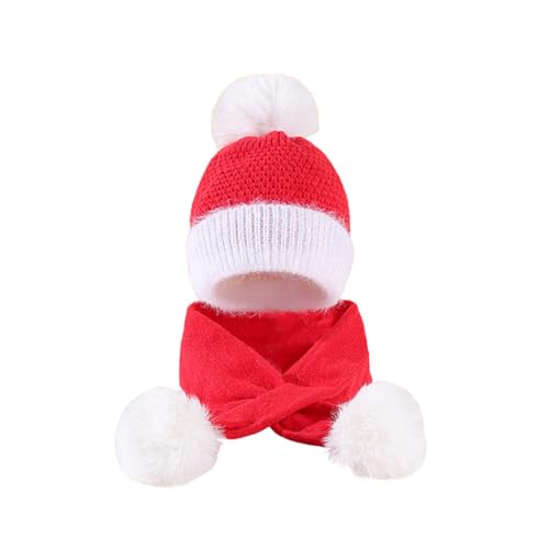 LDadgf Baby Weihnachten Solide Herbst Winter Hut Schal Zwei Stück Set Gestrickte Wolle Hut Schal Set Dünner Schal Mädchen (Red, One Size) von LDadgf