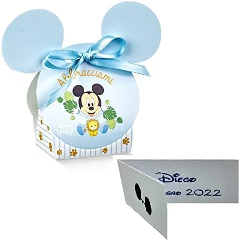 Nr. 80 Stück Konfektschachteln in Form einer Silhouette von Mickey Maus, signiert, komplett mit Bändchen und personalisierter Karte mit Aufdruck als Geschenk zur Geburt, Taufe, Geburtstag 68234 von LE GEMME DI VENEZIA