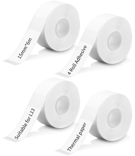 Etiketten Selbstklebend 4pcs,Angepasstes Etikettendruckpapier, Wasserdicht Etikettenband Papier 6mX15mm,Thermo-Etikettenband für Zuhause,für wasserfeste Etiketten geeignet für Haus,Büro,Schule von LEAZZLE