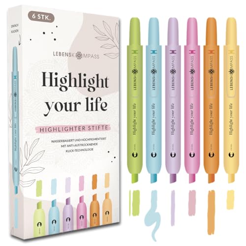 LEBENSKOMPASS® Textmarker Set mit Klick-Technologie - Highlighter Pen Set mit 6 leuchtenden Farben - Pastell Textmarker mit Klick-Technologie - perfekte Marker für Bücher, Lernen & Bullet Journal von LEBENSKOMPASS