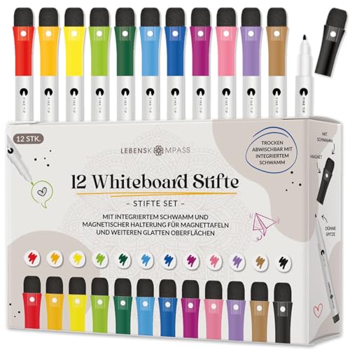 LEBENSKOMPASS Whiteboard Marker 12er Set - langlebige Whiteboard stifte abwischbar - non Permanent Marker mit feiner Spitze - 12 verschiedene Marker von LEBENSKOMPASS