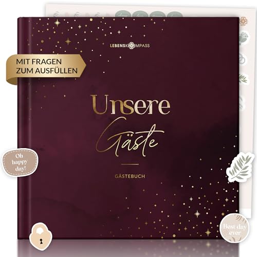 Lebenskompass® Gästebuch Hochzeit "AMOUR" Hochzeitsbuch mit interaktiven Seiten zum ausfüllen & inklusive Sticker - Stabiles Hardcover mit Goldveredelung von LEBENSKOMPASS