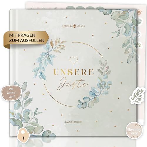 Lebenskompass® Gästebuch Hochzeit "Forever" Hochzeitsbuch mit interaktiven Seiten zum ausfüllen & inklusive Sticker - Stabiles Hardcover mit Goldveredelung von LEBENSKOMPASS