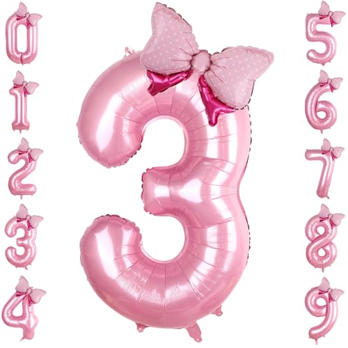 LEBERY Rosa Schleife Luftballons 40 Zoll Rosa Nummer 3 Ballon Jumbo Rosa Geburtstag Ballon für Mädchen, Mini Bowtie Folienballon für Rosa Prinzessin Cowgirl Maus Thema 3. Geburtstag Babyparty von LEBERY