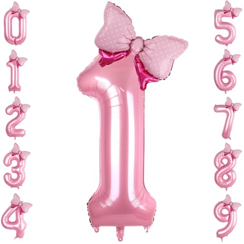 LEBERY Rosa Schleife Luftballons 40 Zoll Rosa Zahl 1 Ballon Jumbo Rosa Geburtstag Ballon für Mädchen, Mini Bowtie Folienballon für Rosa Prinzessin Cowgirl Maus Thema 1. Geburtstag Babyparty von LEBERY