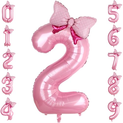 LEBERY Rosa Schleife Luftballons 40 Zoll Rosa Zahl 2 Ballon Jumbo Rosa Geburtstag Ballon für Mädchen Mini Bowtie Folienballon für Rosa Prinzessin Cowgirl Maus Thema 2. Geburtstag Babyparty von LEBERY