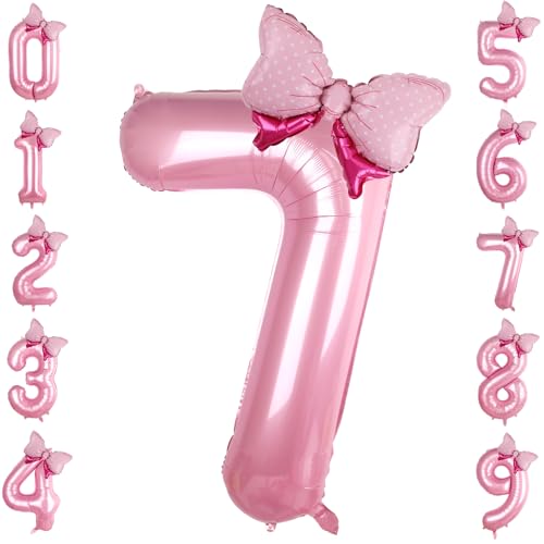 LEBERY Rosa Schleife Luftballons 40 Zoll Rosa Zahl 7 Ballon Jumbo Rosa Geburtstag Ballon für Mädchen, Mini Bowtie Folienballon für Rosa Prinzessin Cowgirl Maus Thema 7. Geburtstag Babyparty von LEBERY