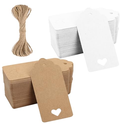 100 Stück große Geschenkanhänger mit 100 Stück 25 cm Jute-Schnur, 9 x 4,5 cm, blanko, Kraftpapier, Geschenkanhänger, braun und weiß, hohle Herzpapieranhänger für Handwerk, Pakete, Gepäck, Dekoration, von LEBKFT