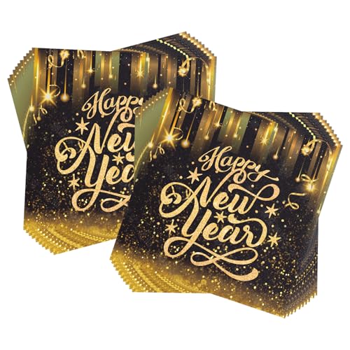 40 Stück Happy New Year Servietten Neujahr Party Servietten Schwarz und Gold Dekorationen Papierservietten Bedruckte Einweg-Papierservietten für Partydekorationen 17 x 17 cm von LEBKFT