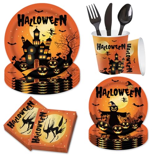 96-teiliges Halloween-Partygeschirr-Set, 9 Zoll und 7 Zoll, Pappteller, Servietten, Pappbecher, Halloween-Partyzubehör, Halloween-Scream-Partydekorationen, Kürbis-Hexe, Einweggeschirr-Set von LEBKFT