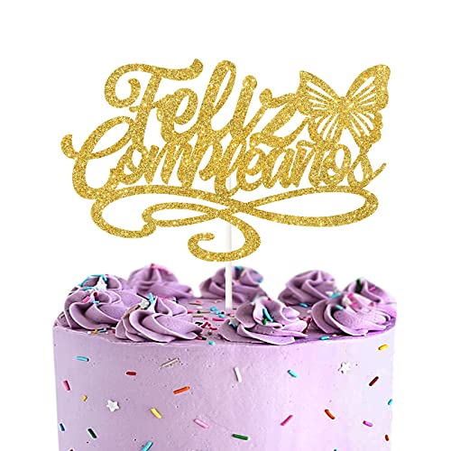 Feliz Cumpleaños Tortenaufsatz, Gold Glitter, mexikanisches Schild, Happy Birthday Jahrestag Kuchendekoration - Happy Carnival Spanish Thema Geburtstag Party Supplies von LECAKTO