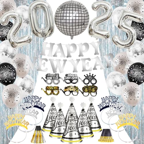 2025 Silvester Deko XXL Set-Silber Folienvorhang Happy New Year Banner Riesen 2025 Folienballons Happy New Year Stirnband Party Hüte Neujahr Brillen Party Gebläse Latexballons von LECONCES