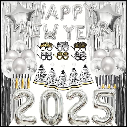 2025 Silvester-Dekorationen Silber, Happy New Year Ballon Banner Silber Hintergrund Vorhang Neujahr Stirnband Kegelhüte Neujahr Brillen Ausblasen für Silvester Party Favors von LECONCES